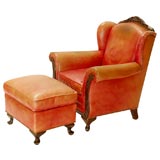 Vintage Red Leather Club Chair with Ottoman