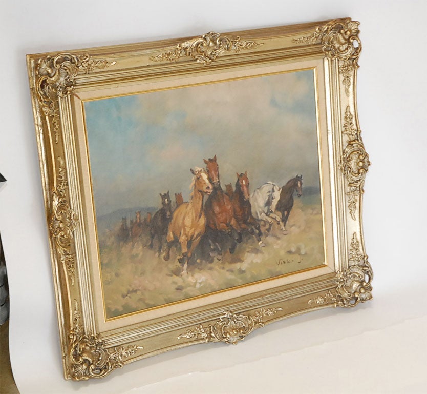 Beautiful oil on canvas of a galloping herd of horses. Artist is Janos Viski, 1891 - ?. Original gilt frame.