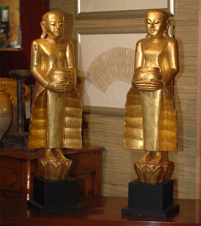 Gilt Gilded Burmese Monks with Offerings For Sale