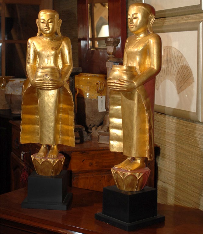 19th Century Gilded Burmese Monks with Offerings For Sale