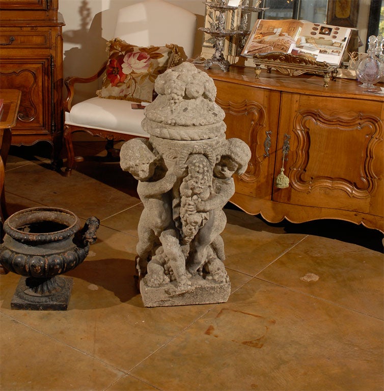Pair of Carved Stone Urns with Cherubs, circa 1890, Normandy