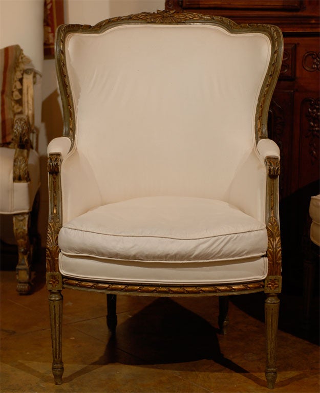 Upholstery Pair of French Louis XVI Style 19th Century Painted Wingback Bergères Chairs