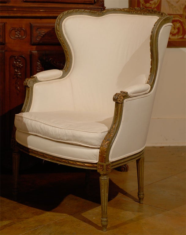 Gilt Pair of French Louis XVI Style 19th Century Painted Wingback Bergères Chairs
