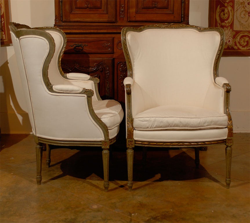 Pair of French Louis XVI Style 19th Century Painted Wingback Bergères Chairs 2