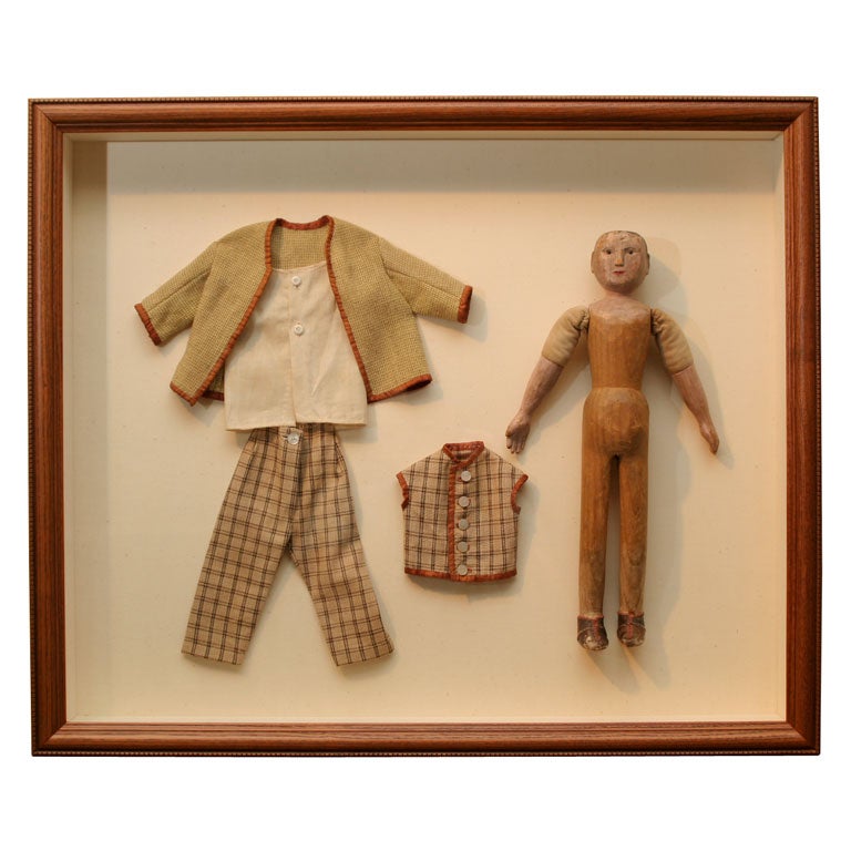 Carved Wooden Doll in Shadow Box For Sale