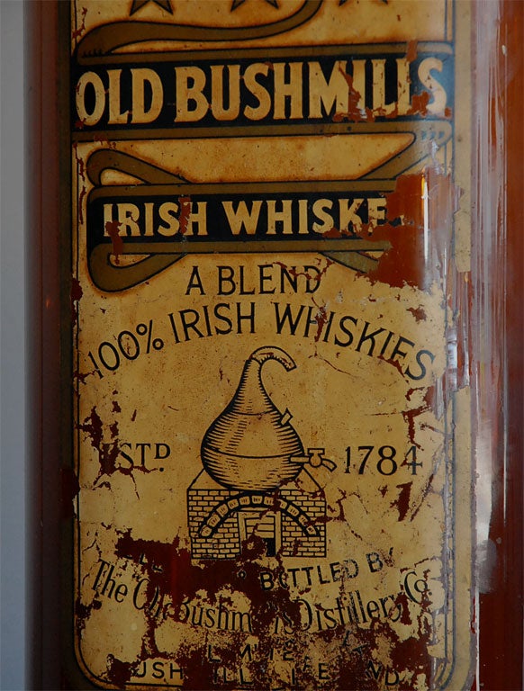 Glass 19TH C. OLD BUSHMILLS IRISH WHISKEY TRADE SIGN/BOTTLE