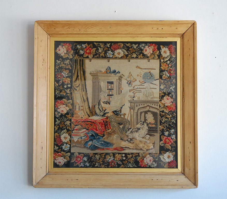 19TH C. NEEDLEWORK WITH GENTLEMAN ON CHAIR & DOG