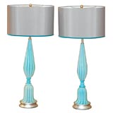 Pair of Blue Opaline Murano Glass Lamps by Barovier & Toso