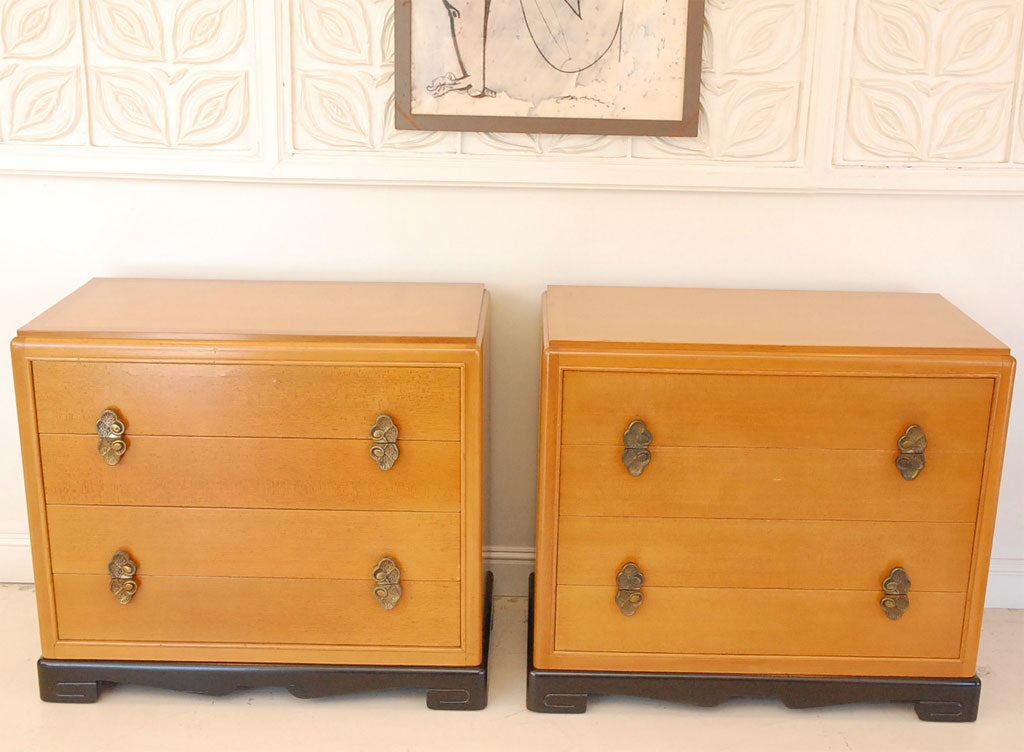 Pair of art deco/ asian moderne dressers by Ray See. See Mar was a small furniture co. owed by designer Ray See out of San Francisco. Original finish has been restored only.