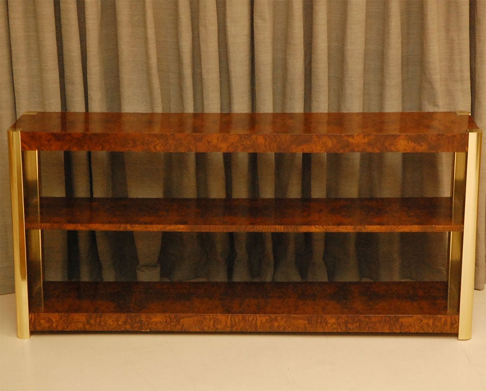 Brass and burl bookcase or sofa console.