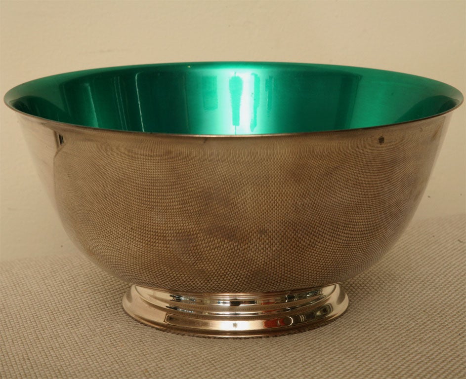 Silver plate bowl with emerald green enamel interior. Original label still attached to bottom of bowl.