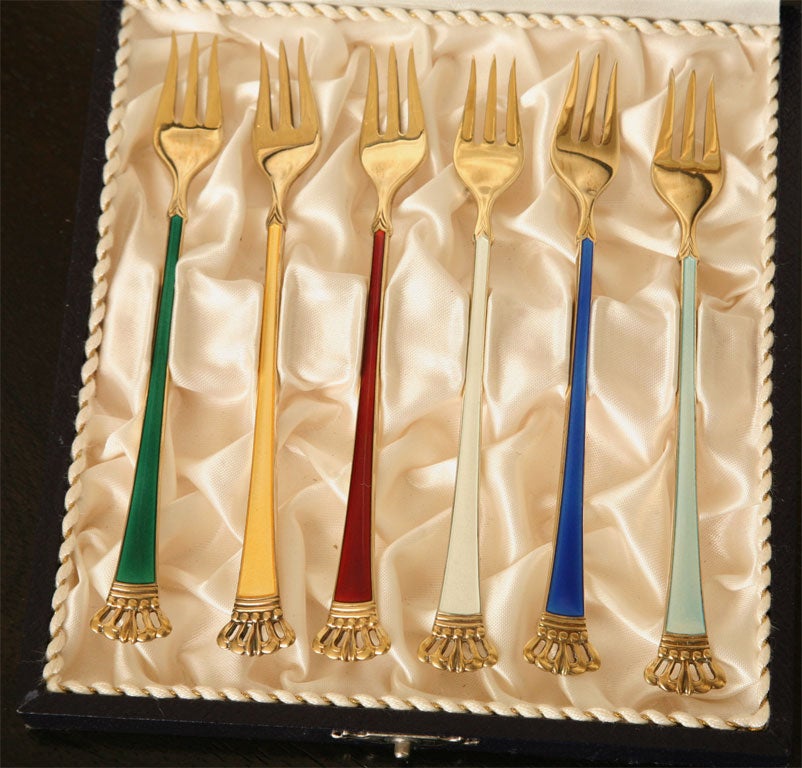 20th Century Six Piece Sterling & Enamel Cocktail Fork Service