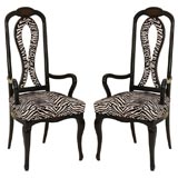 Vintage Pair of Whimsical Black Lacquer Arm Chairs