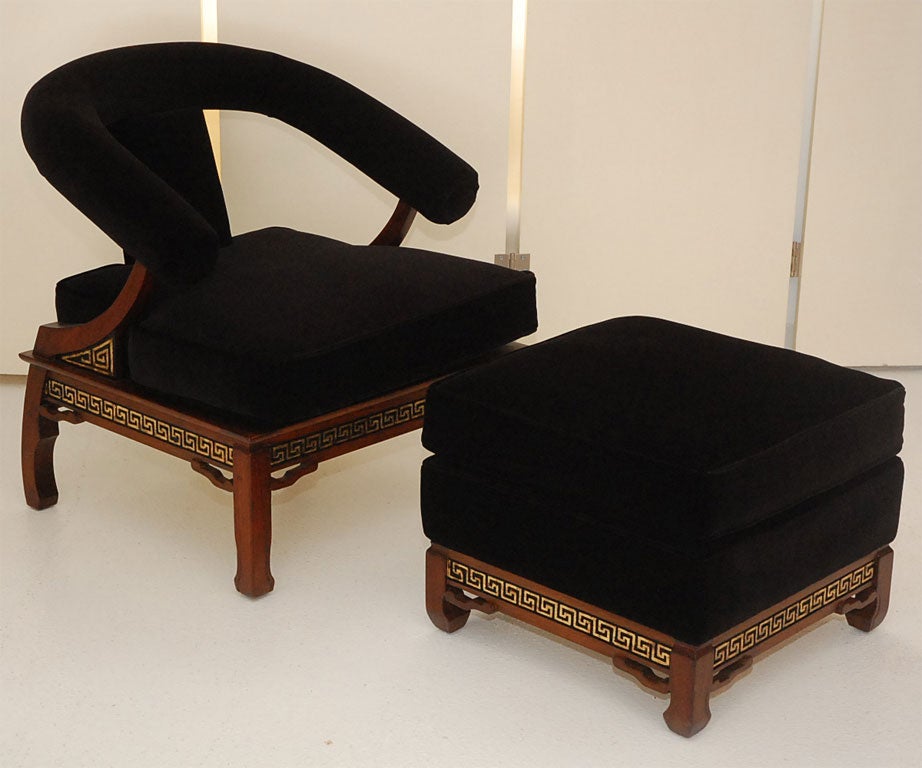 A pair of custom made Asian-style chairs and ottomans upholstered in high-quality Belgian velvet.