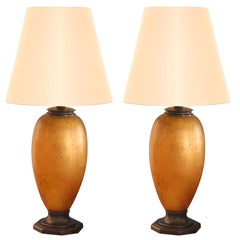 Pair Vintage Gold Leaf Ceramic Lamps with custom silk shades.