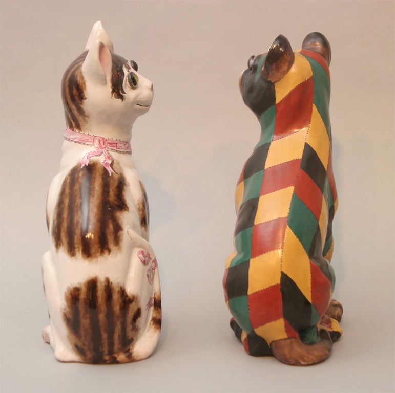 French Important Galle Faience Cat  And Dog For Sale