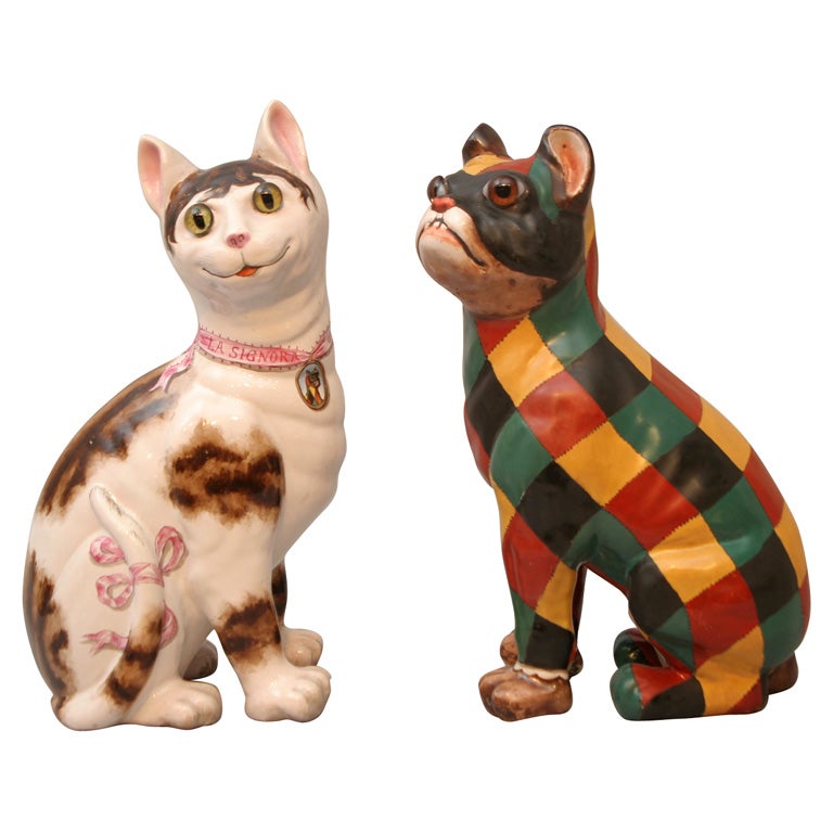 Important Galle Faience Cat  And Dog For Sale