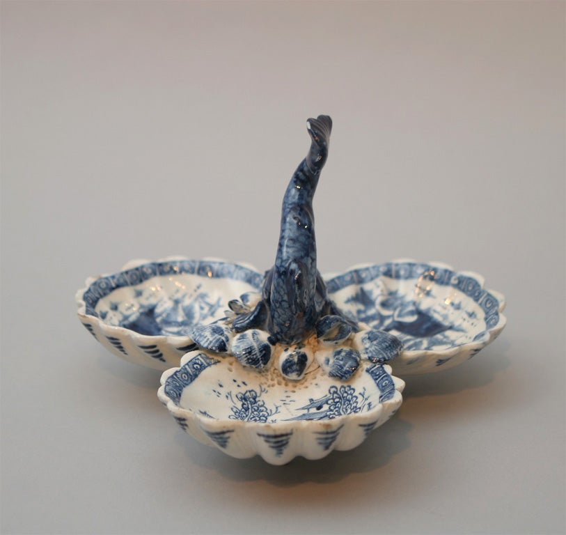 18th Century and Earlier Bow Porcelain Dolphin Sweetmeat Dish For Sale