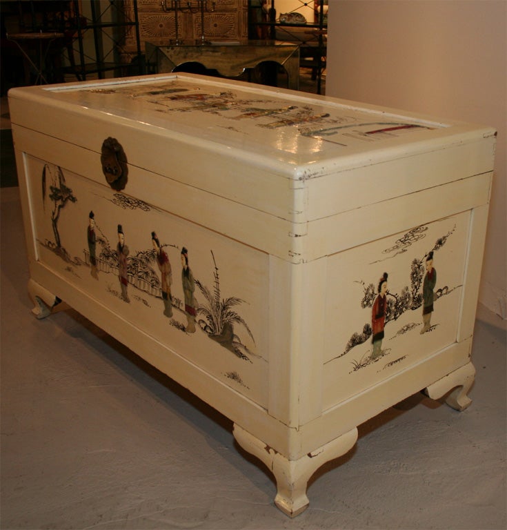 Mid-20th Century Lacquered Blanket Chest with Carved Jade Figures