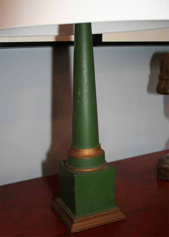 Pair of Green Painted Column Lamps with Gilt Details