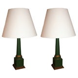 Pair of Green Painted Column Lamps with Gilt Details