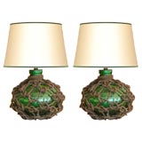 Pair of Maritime Green Glass & Rope Lamps