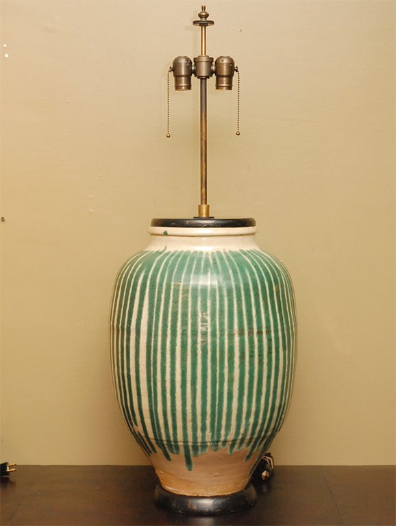 Traditional Chinese Glazed Ivory Rice Pot with Green Accents