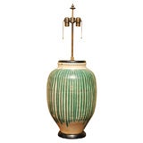 Traditional Chinese Glazed Ivory Rice Pot with Green Accents