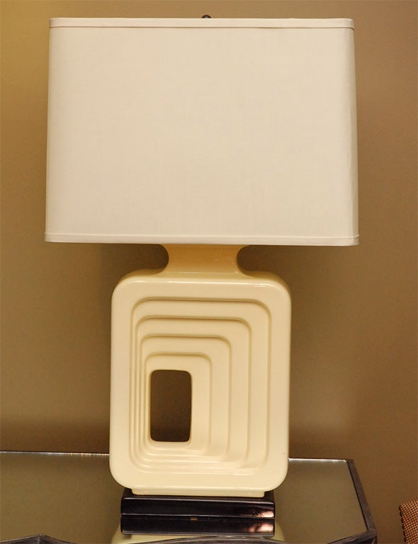 Pair of Ceramic Ivory Glazed Geometric Lamps