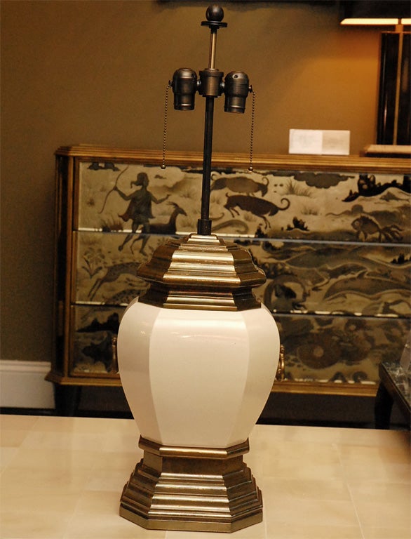 Pair of American Ceramic and Brass Lamps without Lamp Shades