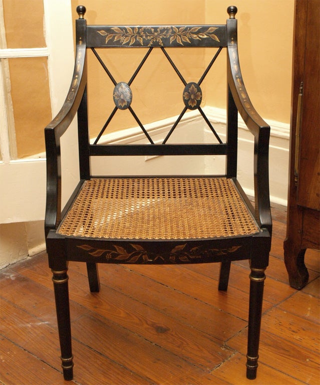 Set of six antique English ebonised dining chairs. Regency style.