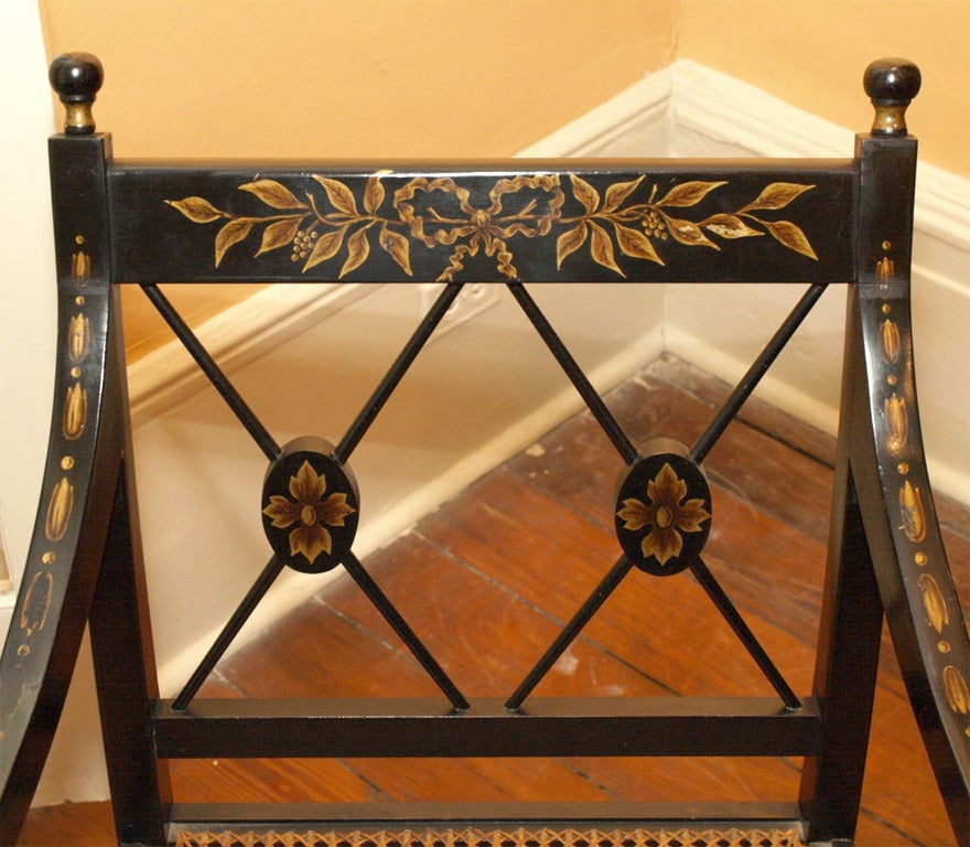 Ebonized Set of six antique English ebonised dining chairs. Regency style