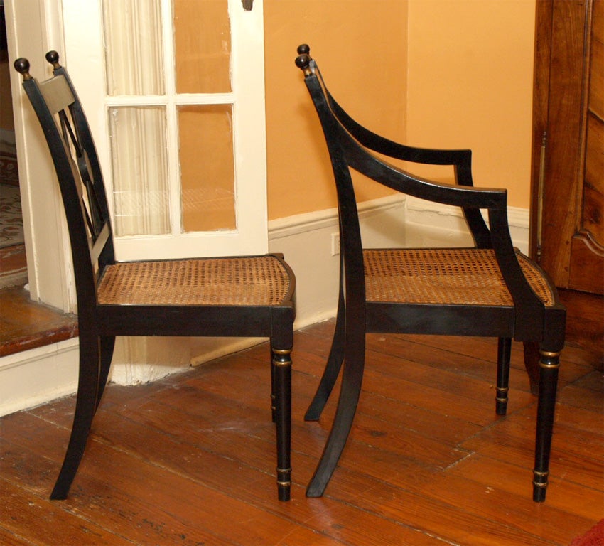 Set of six antique English ebonised dining chairs. Regency style 5