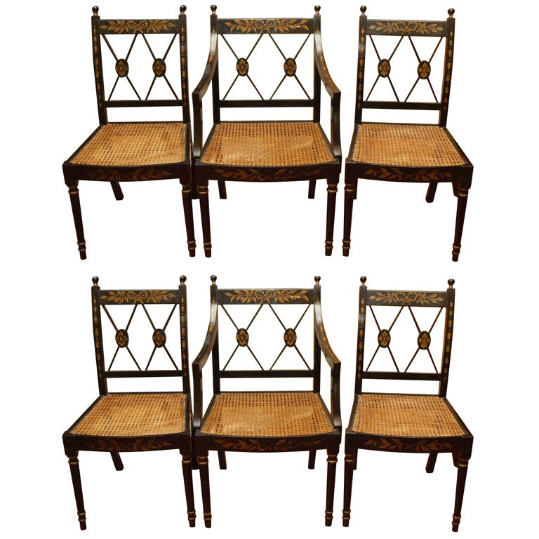 Set of six antique English ebonised dining chairs. Regency style