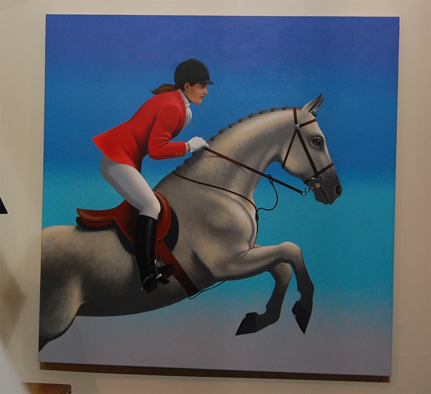 Spectacular painting in acrylic on canvas of a show jumper in action in beautiful vibrant colors by Lynn Curlee, fine artist and author/illustrator of award winning books for children.
The edges are fully finished and painted, so that framing is