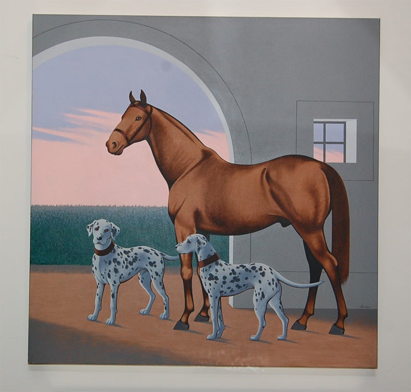 Beautiful painting in acrylic on canvas of a horse accompanied by two dalmations.

   
