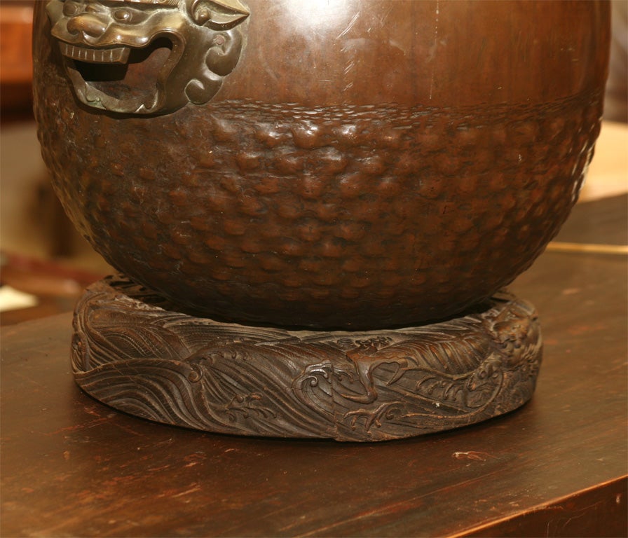 Bronze Hibachi on carved wood base In Good Condition In Hudson, NY