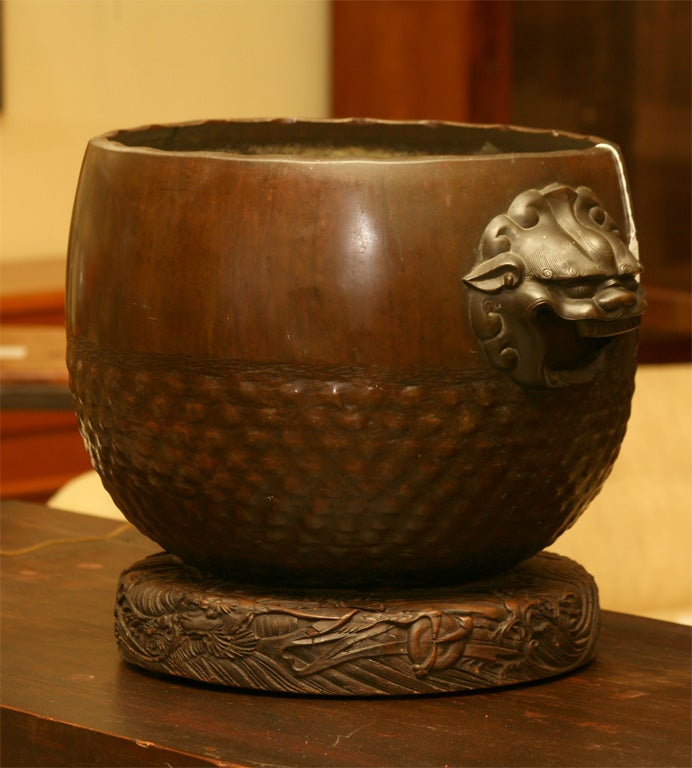 Bronze Hibachi on carved wood base 1