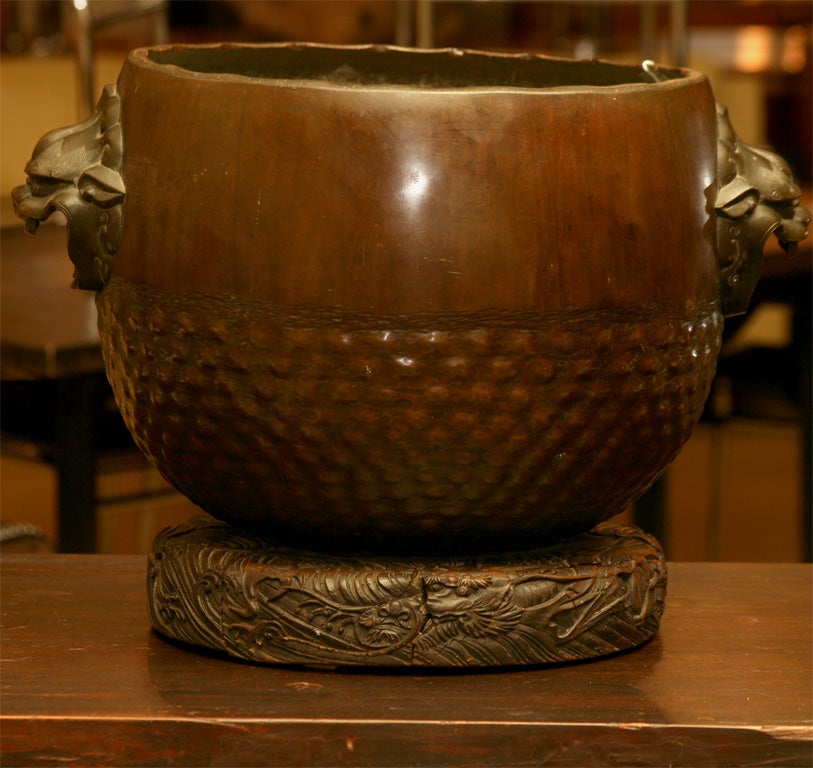 Bronze Hibachi on carved wood base 2