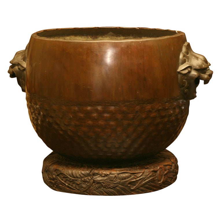 Bronze Hibachi on carved wood base