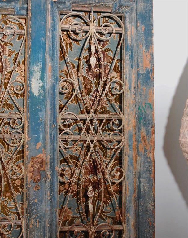 20th Century Pair of Carved Painted & Iron Doors C. 1900
