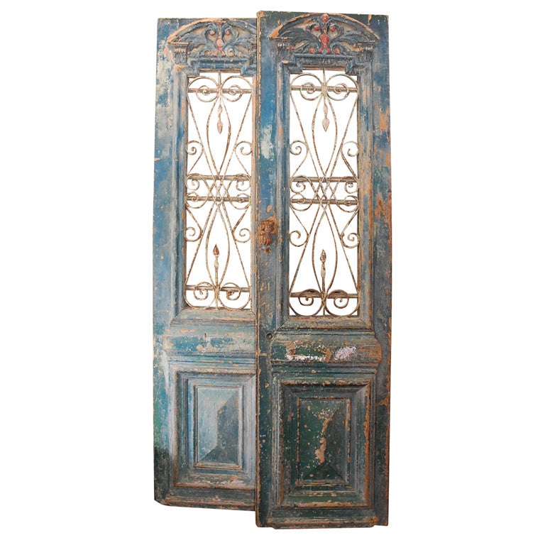 Pair of Carved Painted & Iron Doors C. 1900