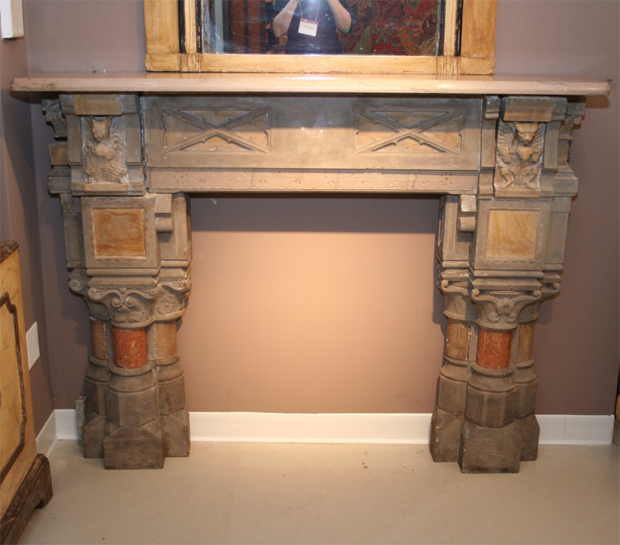 Finely Carved Frank Furness Various Marbles and Limestone Fireplace Mantel decorated with Gothic and Aesthetic Movement Motifs; Philadelphia area.