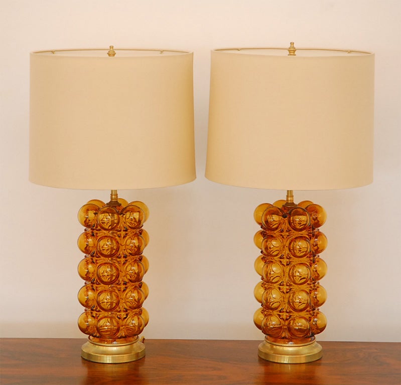 Amber Murano style bubble  glass  table  lamps  with new silk shade  and  professionally rewired.