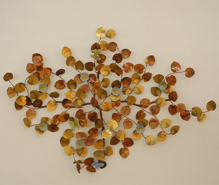 Signed  Curtis  Jere  wall  sculpture of multi-colored  Fall leaves  and  delicate blue  flowers.