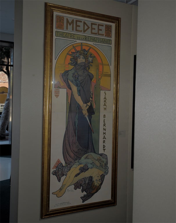 In classic Art Nouveau style, Mucha brilliantly showcases Sarah Bernhardt, the legendary actress, in neo-classical dress portraying Medea.  The Byzantine influences are unmistakable; the richness of the color palette imbued with gold, the geometric