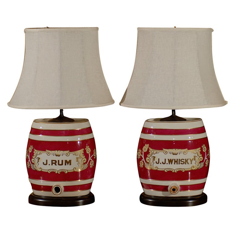 Pair of 19th C. English Porcelain Spirit Barrel Lamps circa 1880
