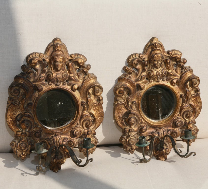 CONTINENTAL BAROQUE GILT-WOOD GIRANDOLE MIRROR SCONCES