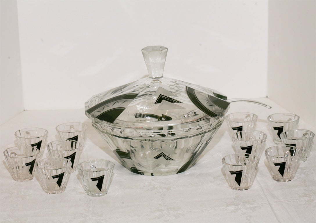 Czech Art Deco Enameled Covered Punchbowl with Matching Cups