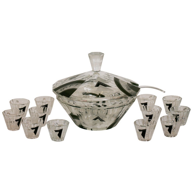 Czech Art Deco Enameled Covered Punchbowl with Matching Cups